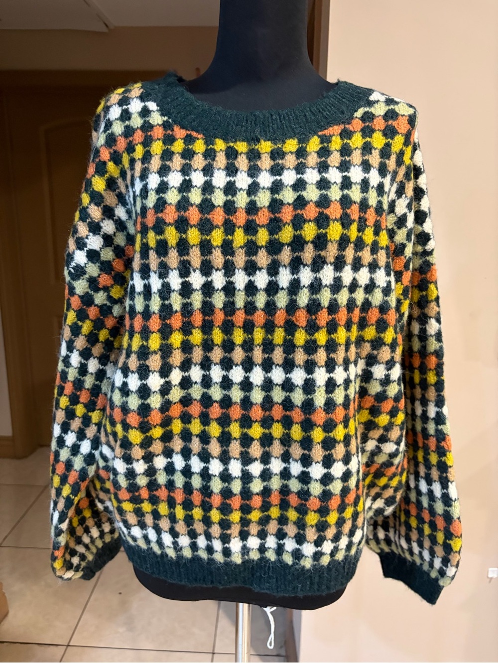 Blu Pepper Green Multi-Color Check Crew Neck Sweater